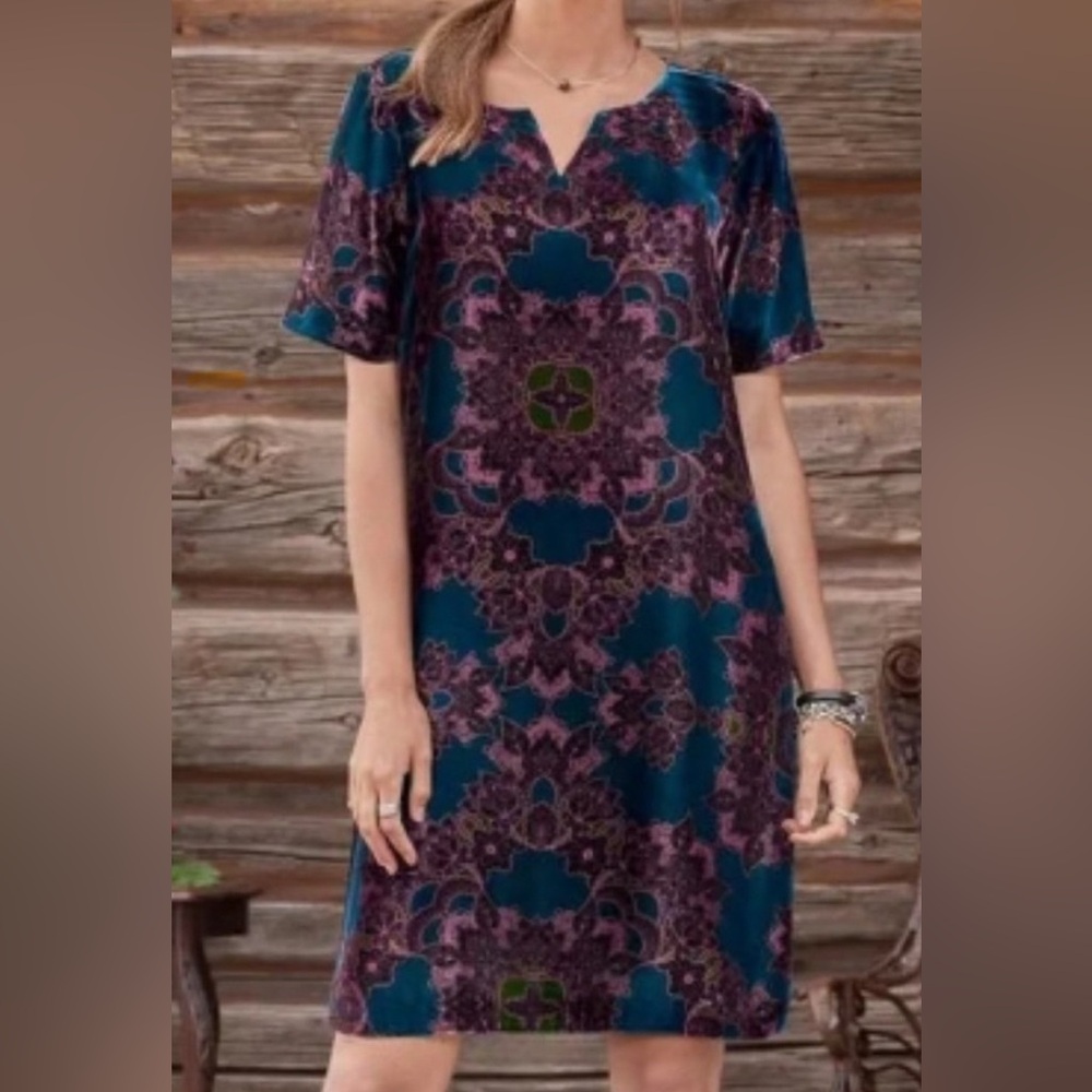 Sundance Velvet Floral Dress in Teal, with Shades of Purple and Pink & Green